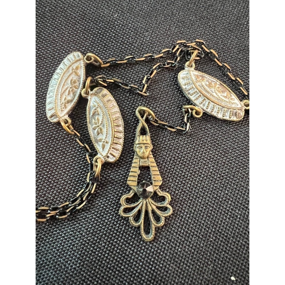 Vintage Egyptian Revival Necklace Pharaoh Pendant Brass Tone Art Deco Figural - Picture 2 of 16
